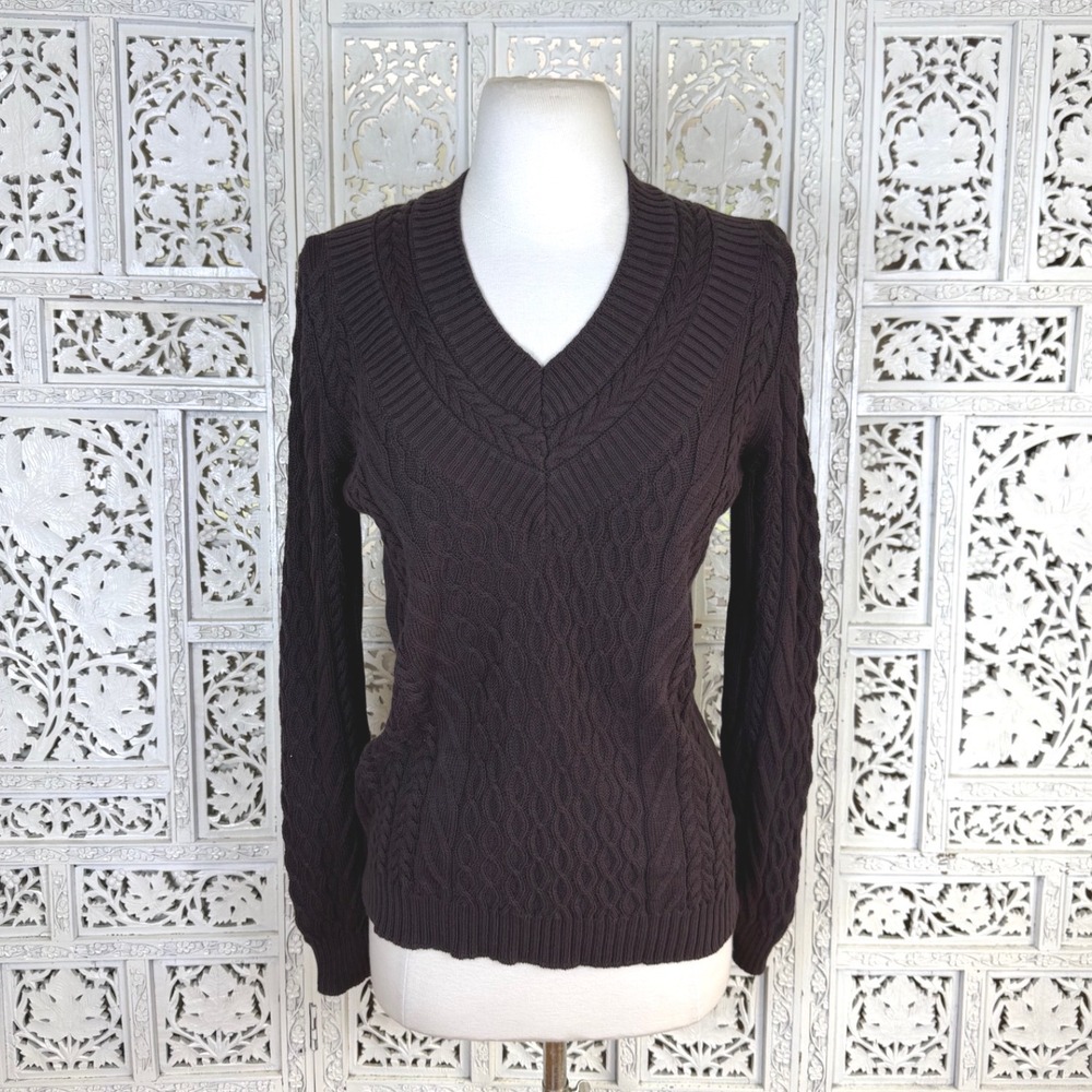 Faconnable Chocolate Brown Cable Knit V Neck Sweater Mens Small Preppy Luxury